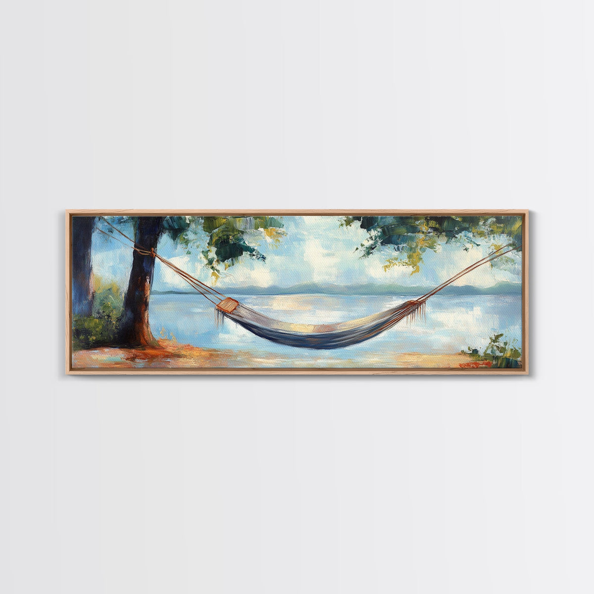 Relaxing Hammock Lake Scene, Tranquil Coastal Art, Serene Nature Painting, Boho Wall Decor, Minimalist Bedroom Art