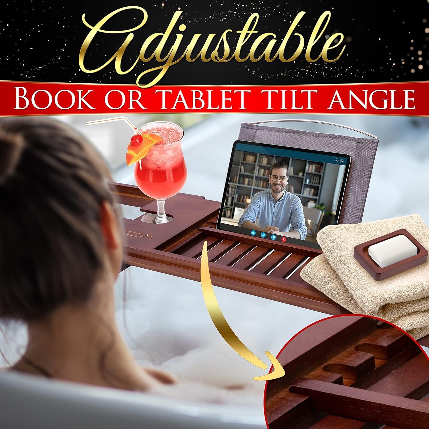 Bamboo Bathtub Caddy Tray – Expandable Waterproof Bath Tray with Wine Glass Holder, Tablet Stand & Removable Accessory Slots – Eco-Friendly, Adjustable & Durable
