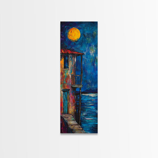 Moonlit Balcony, dark romance painting, moody art, boho art, textured painting, Framed Canvas Print, vertical wall art