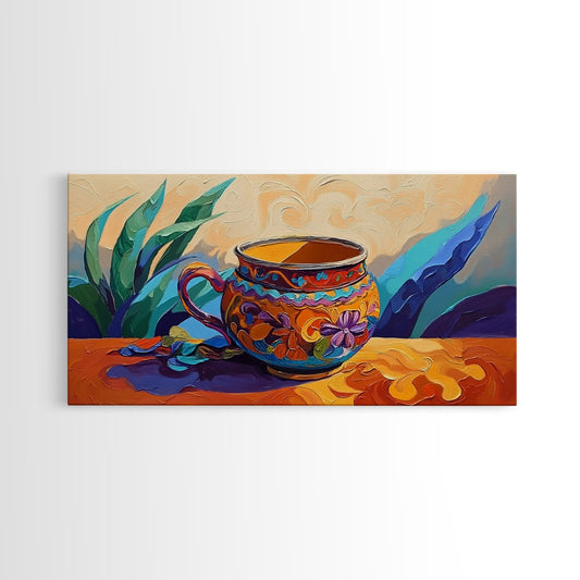 Mug Color, Whimsy, Cactus, Canvas Print, colorful Mexican mug painting, whimsical cactus background, kitchen wall art, boho style décor