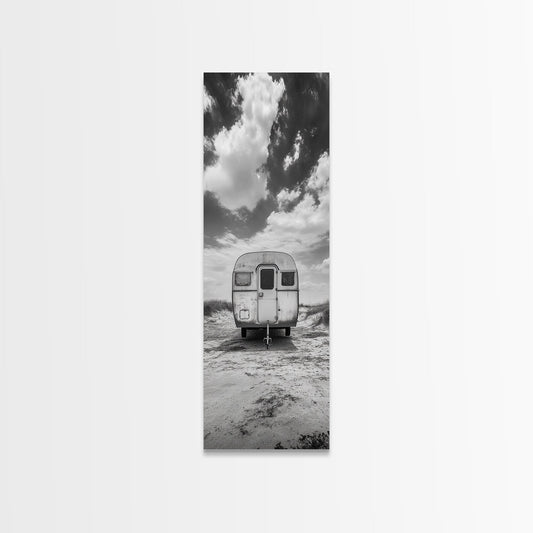 Vintage Camper, Cloudy Sky, Wanderlust Life, Desert Minimalism, Framed Canvas Print, Retro Travel Wall Art, Boho Bedroom Print, Office Art