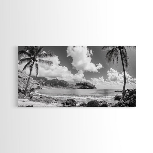 Tropical Beach View, Palm Tree Paradise, Black and White Island, Coastal Wall Decor, Canvas Print, Boho Living Room Art, Office Wall Art