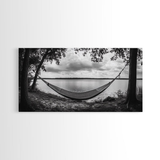 Hammock Lake, Restful Retreat, Trees Framing, Relax Mood, Framed Canvas Print, Bedroom Wall Art, Slow Living Style, Boho Natural Art