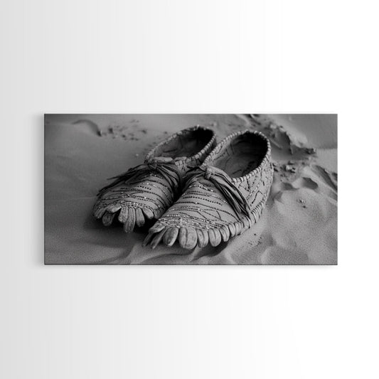 Moccasins in Sand, Rustic Footwear Art, Cultural Detail Photo, Framed Canvas Print, Boho Entryway Wall Decor, Western Minimalist