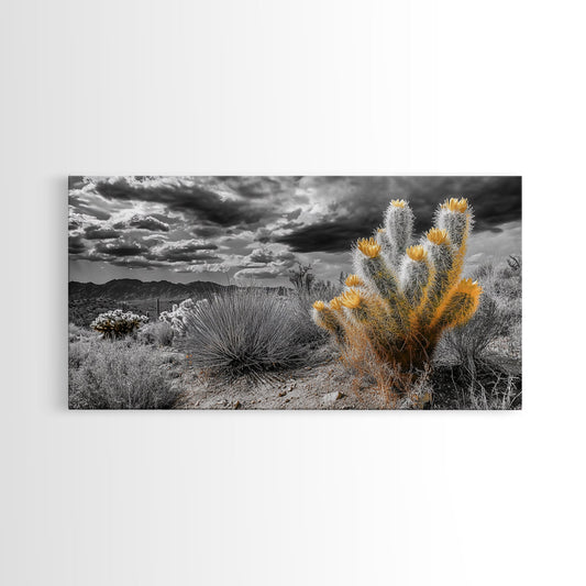 Golden Bloom Cactus, Desert Storm Landscape, Framed Canvas Print, Rustic Decor, Boho Western Art, Entryway Wall Art, Autumn Style