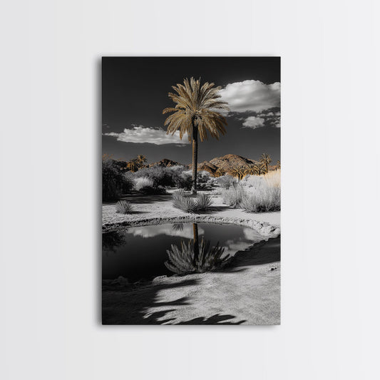 Palm Tree, Desert Oasis, Reflection Pond, Framed Canvas Print, Tropical Wall Art, Boho Decor, Minimalist Landscape Photography