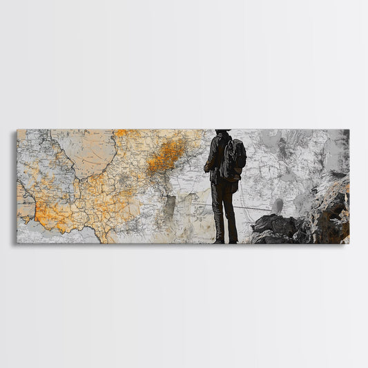 Explorer Wall Map, Cowboy Travel Art, Rustic Adventure Decor, Framed Canvas Print, Vintage Style, Office Wall Art, Boho Style