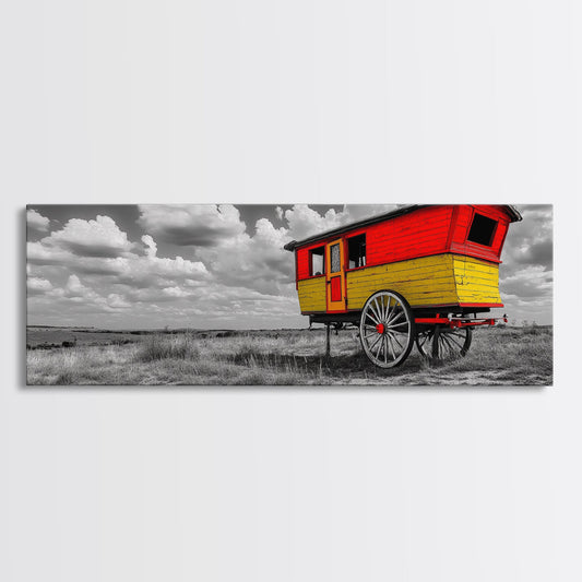 Gypsy Caravan, Countryside Travel, Vintage Wagon, Autumn Field, Framed Canvas Print, Rustic Boho Art, Bedroom Wall Art, Cozy Country Decor