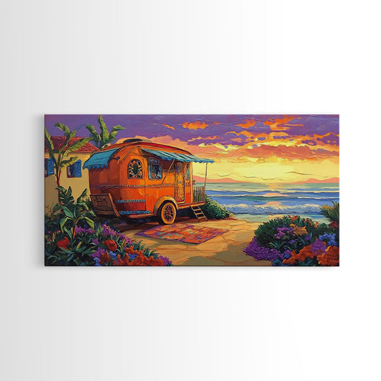 Beachfront Caravan, boho art, vintage travel painting, coastal decor, framed canvas print, whimsical art, above bed wall art, beach house