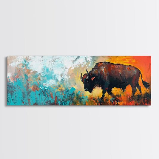 Abstract bison, rustic decor, teal wall art, western painting, bold color art, boho art, extra wide art, framed canvas print
