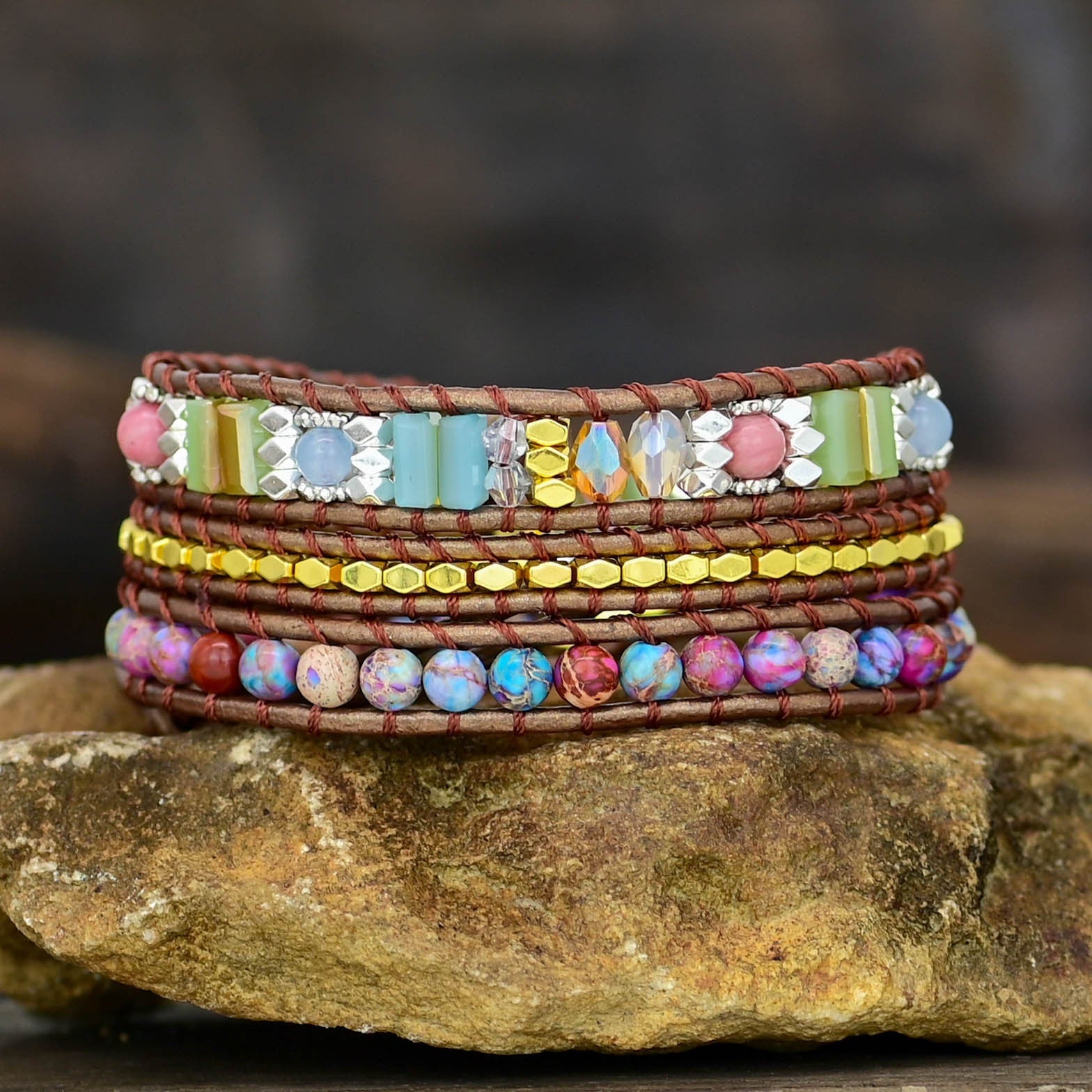 Purple Flower Stone Bracelet Boho