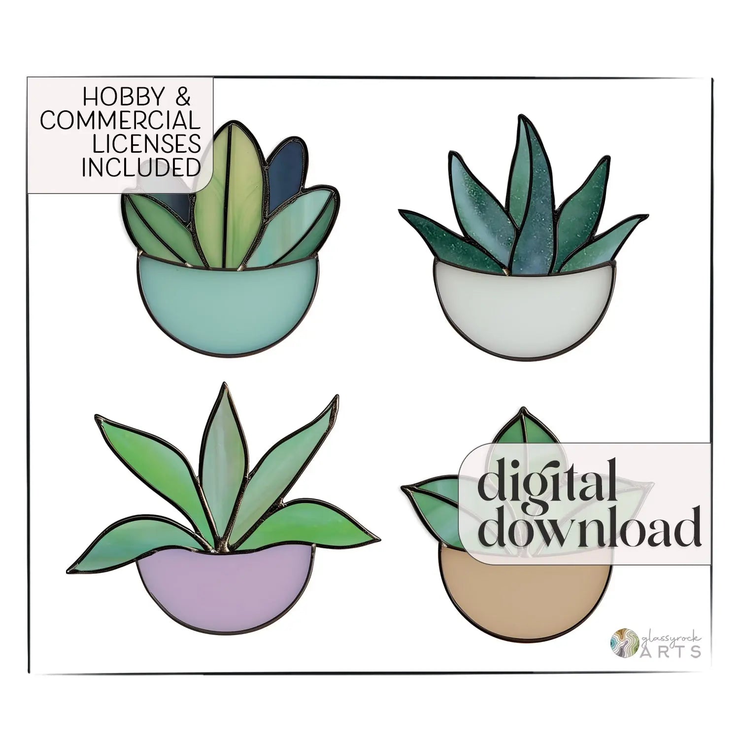 Potted Plant Ornaments Stained Glass Patterns, 4-Pack, PDF & PNG