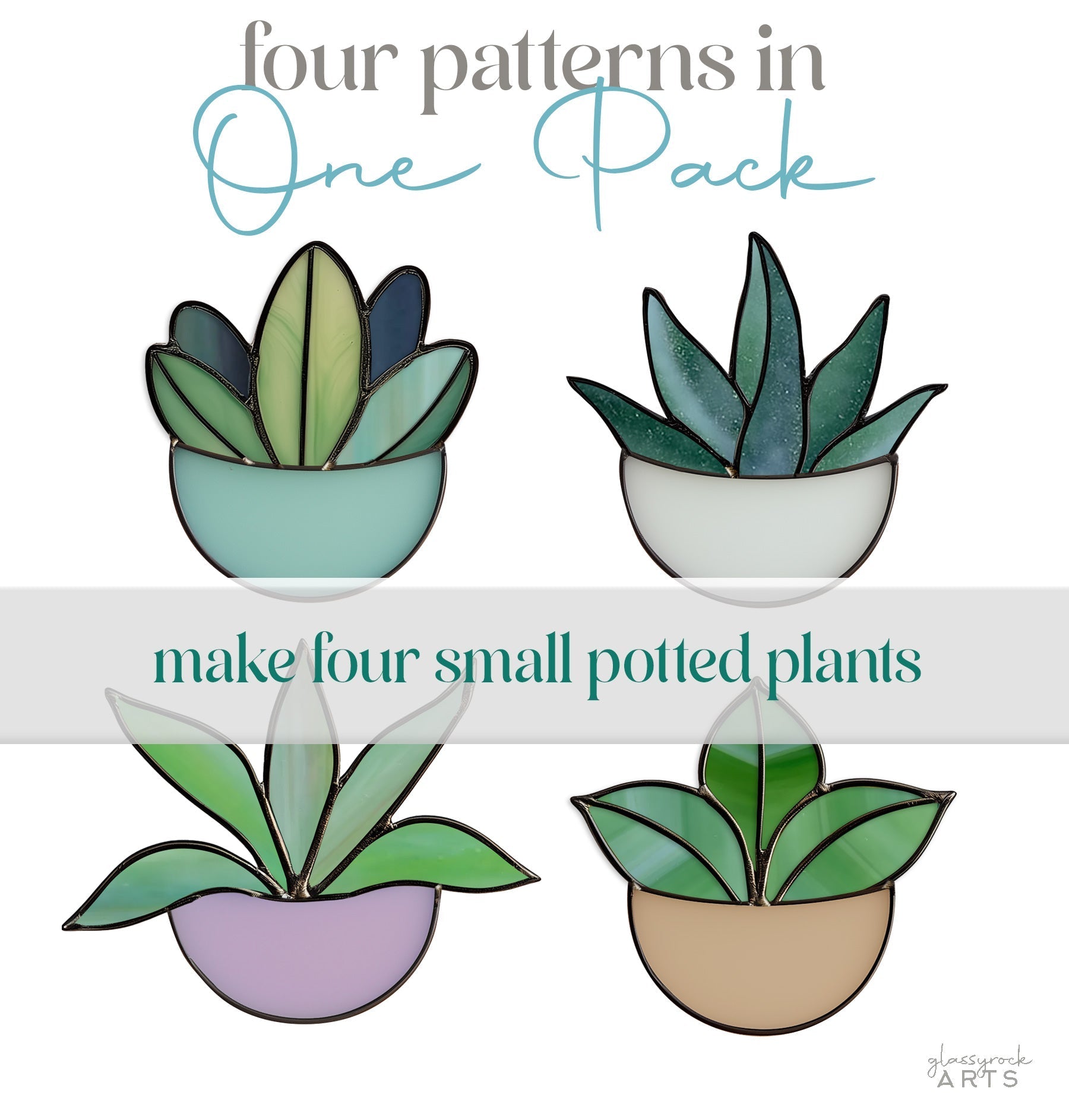 Potted Plant Ornaments Stained Glass Patterns, 4-Pack, PDF & PNG