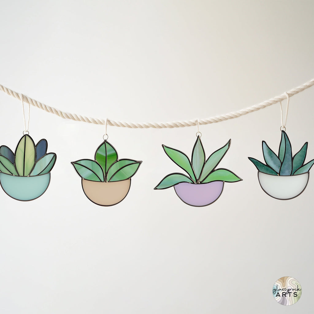 Potted Plant Ornaments Stained Glass Patterns, 4-Pack, PDF & PNG