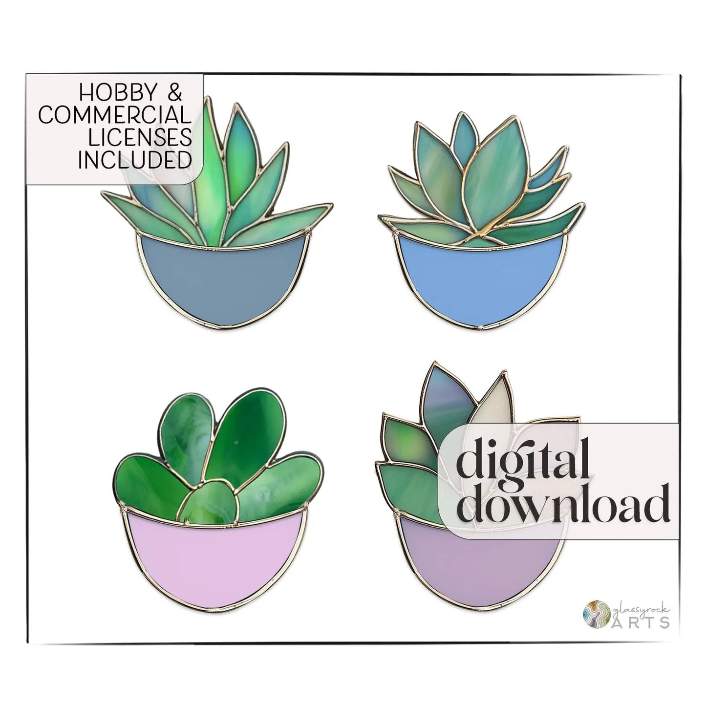 Succulent Ornaments Stained Glass Patterns, 4-Pack, PDF & PNG