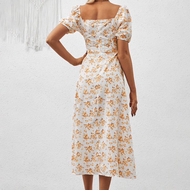 Women's Square Neck Floral Print Boho Maxi Dress with Puff Sleeves & Side Slit