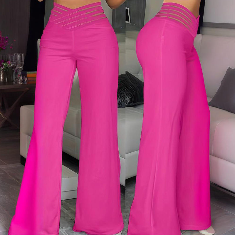 Women's Transparent Mesh Patchwork High Waist Pants With Elegant Cross Detail, Solid Color Fashion Trousers