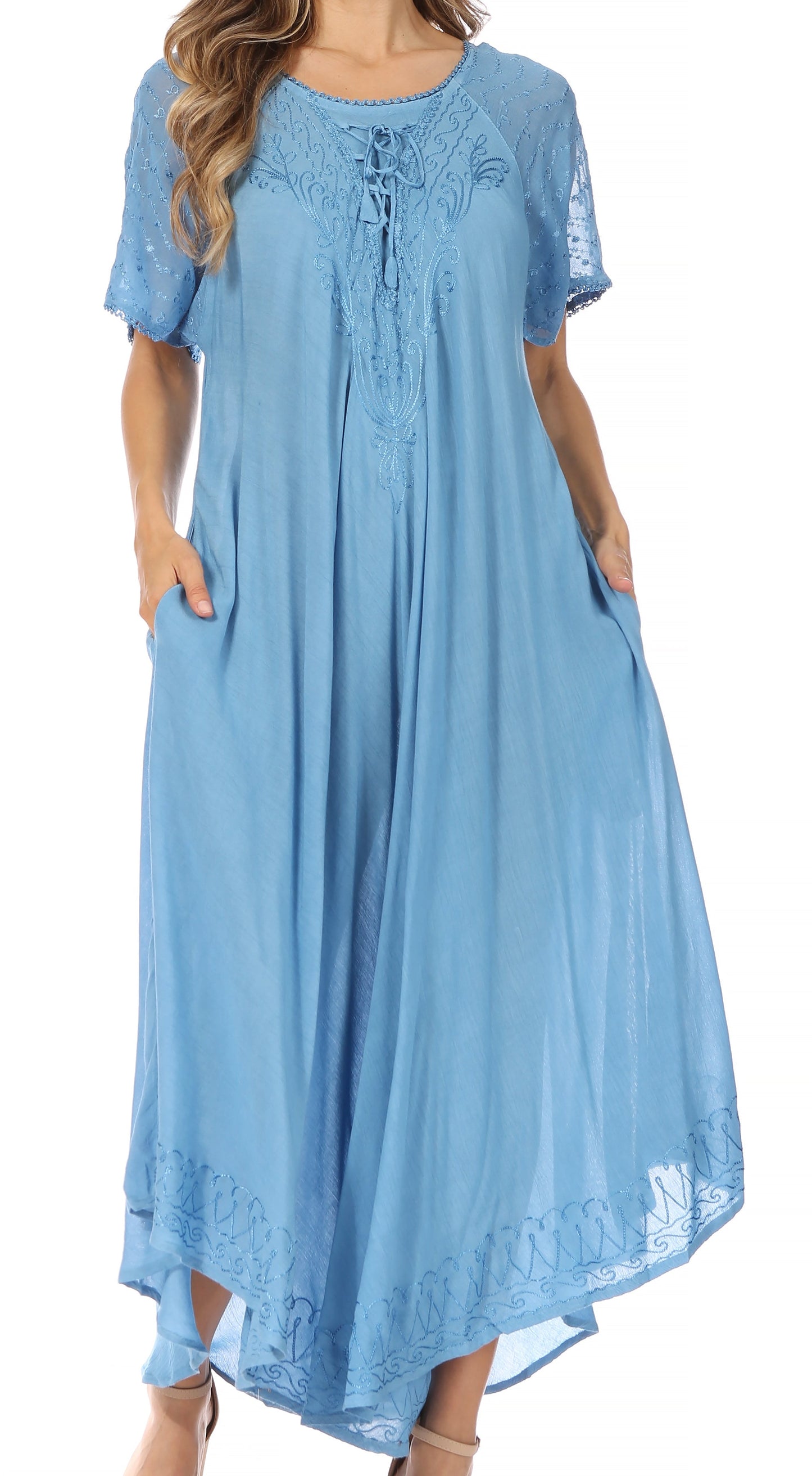 Sakkas Egan Women's Long Embroidered Caftan Dress / Cover Up With Embroidered Cap Sleeves