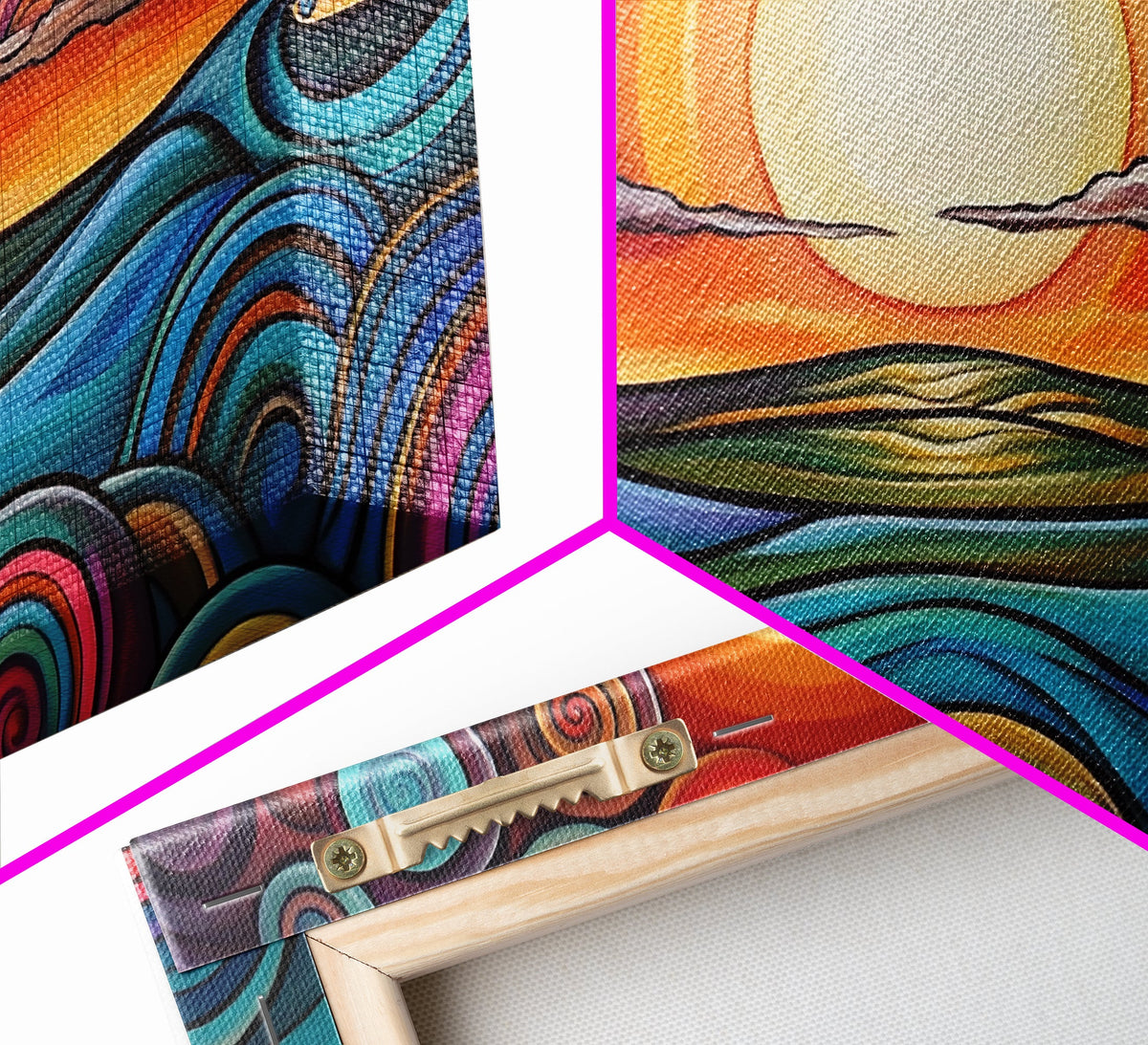 Sunset Waves, Canvas Print, surf wall art, geometric wall art, pink orange wall art, colorful abstract art, extra wide art, boho art