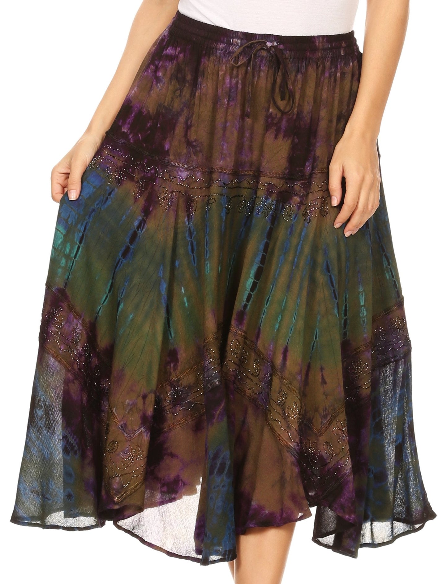Sakkas Justina Womens Dance Midi Full Circle Tie-dye Skirt with Elastic Waist - Buy One, Get One 50% Off