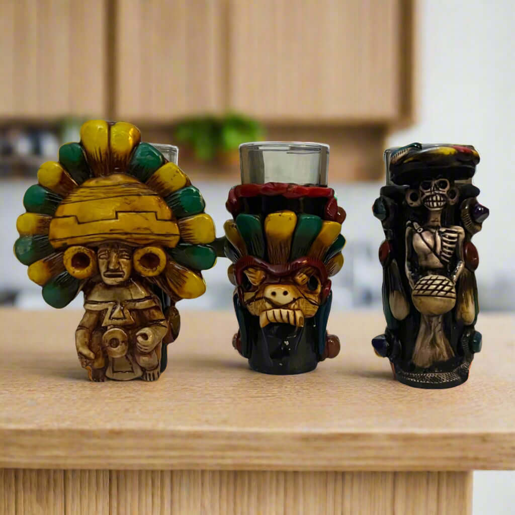 Mexican Shot Glass Set | Artisan Aztec Warrior Decanter Kit