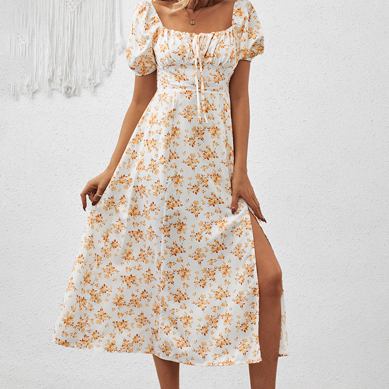 Women's Square Neck Floral Print Boho Maxi Dress with Puff Sleeves & Side Slit