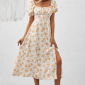 Women's Square Neck Floral Print Boho Maxi Dress with Puff Sleeves & Side Slit