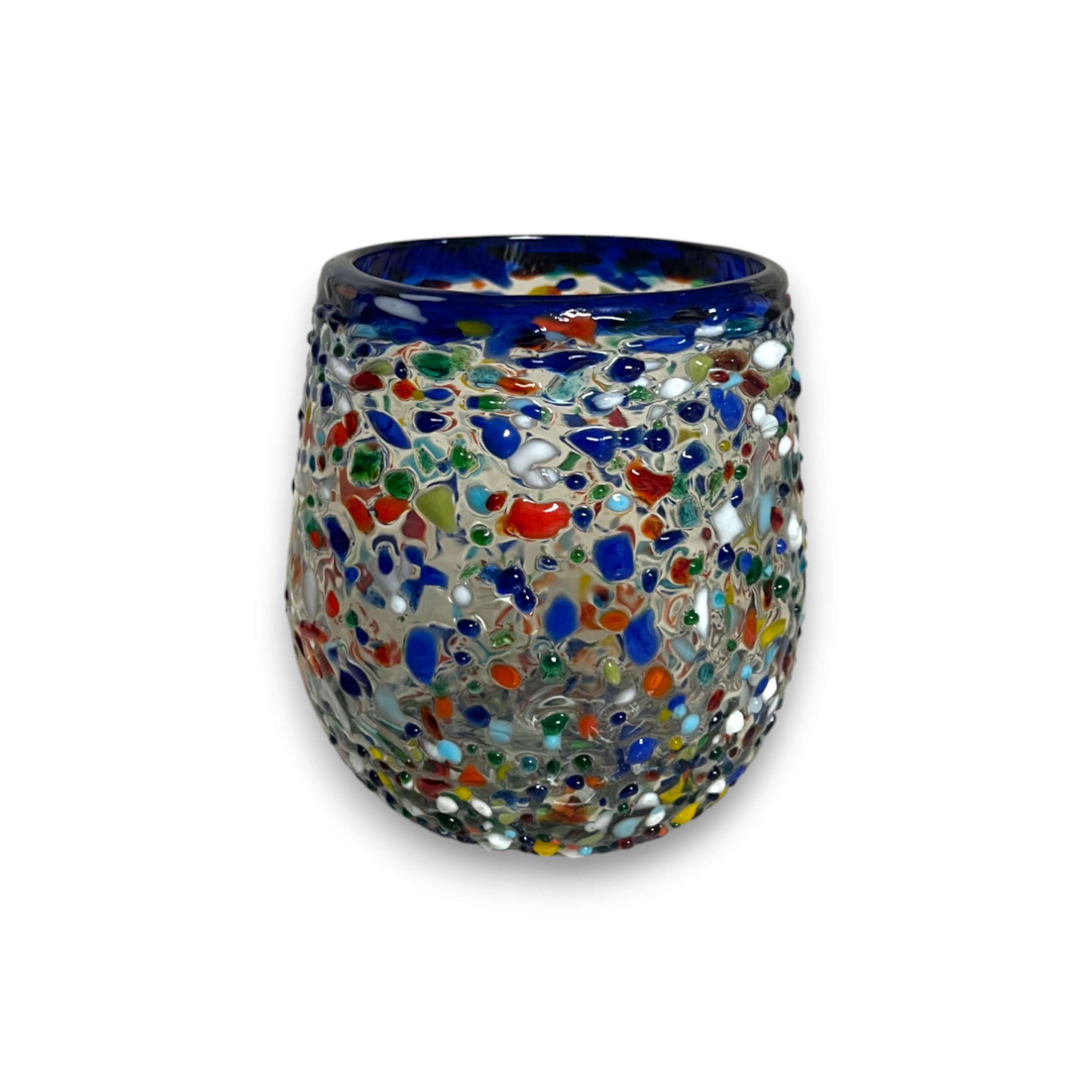 Blue Rim Confetti Wine Glass | Hand-Blown Mexican Stemless Cup