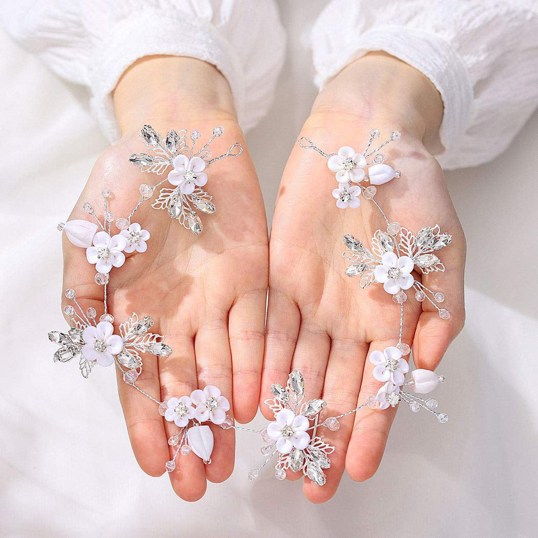 Bride Silver Wedding Hair Vine Flower Bridal Hair Piece Leaf Party Hair Accessories Crystal Hair Jewelry Rhinestone Headpieces for Women and Girls