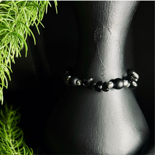 Boho Bracelet, Black Polished Stone Chip Bracelet  Natural Stone