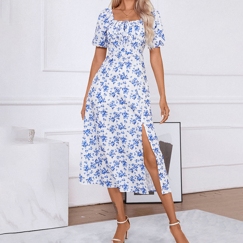 Women's Square Neck Floral Print Boho Maxi Dress with Puff Sleeves & Side Slit