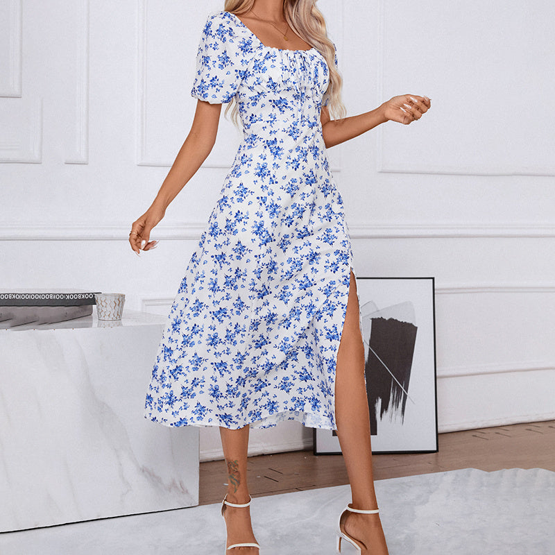 Women's Square Neck Floral Print Boho Maxi Dress with Puff Sleeves & Side Slit