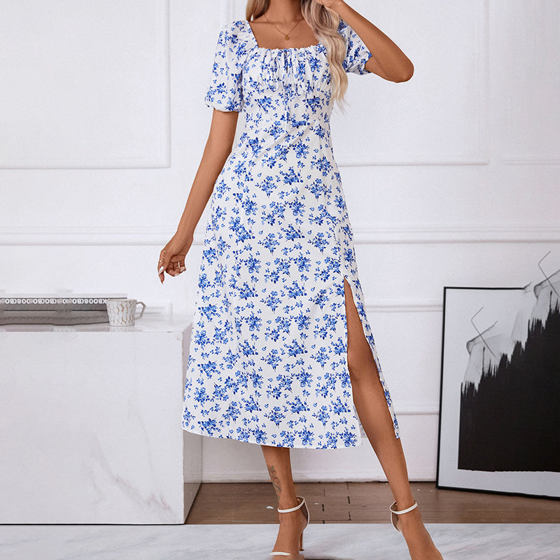 Women's Square Neck Floral Print Boho Maxi Dress with Puff Sleeves & Side Slit