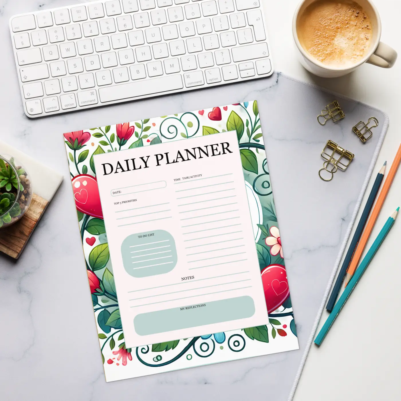 Floral Hearts Daily Planner - Everyday Planning Made Easy - DipaliZ