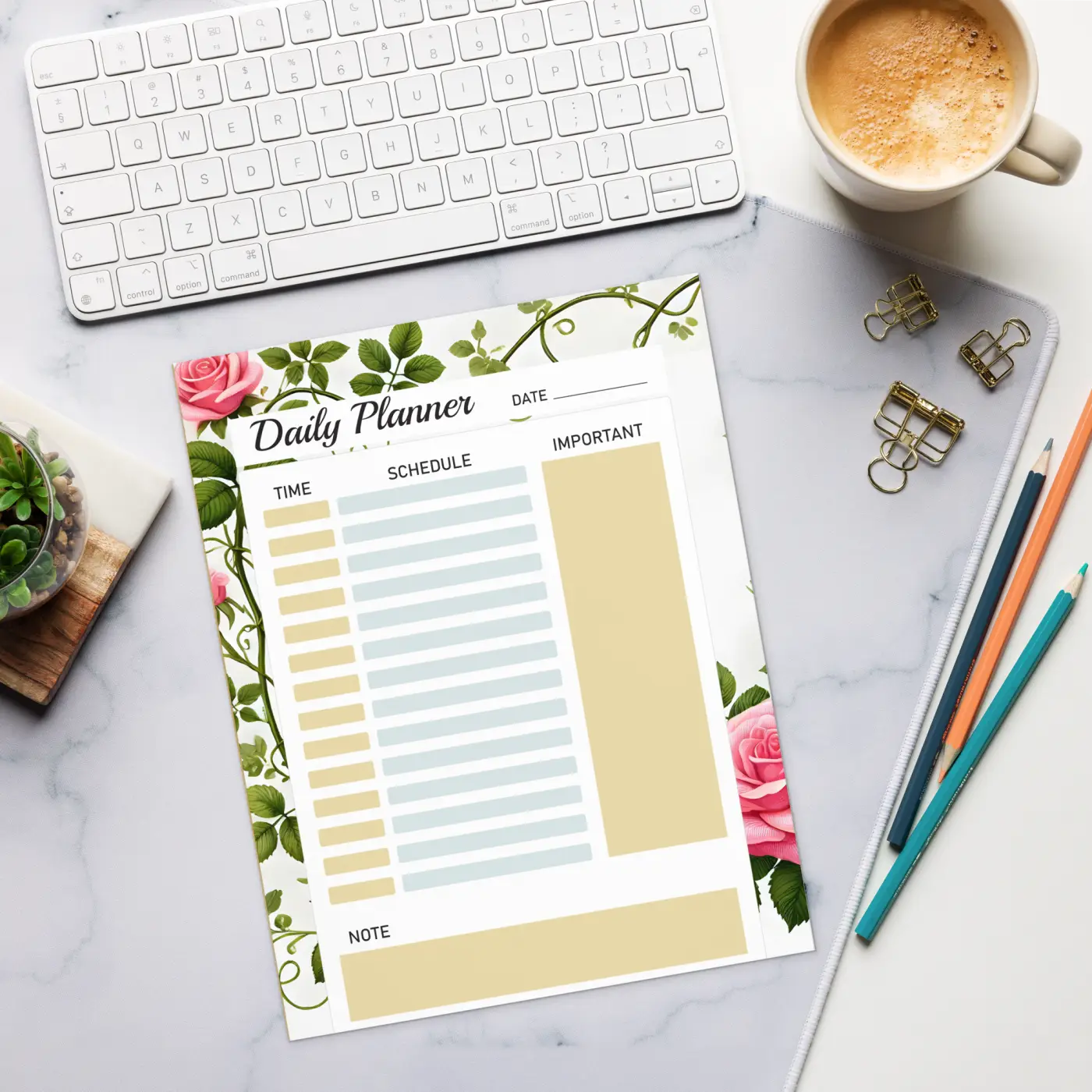 Rose Vine Daily Planner - Elegant Organization Notepad - DipaliZ
