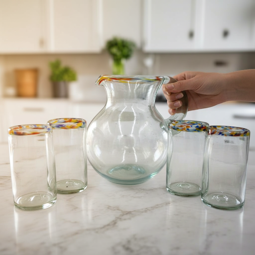 Mexican Hand Blown Glass Pitcher | Confetti Rim
