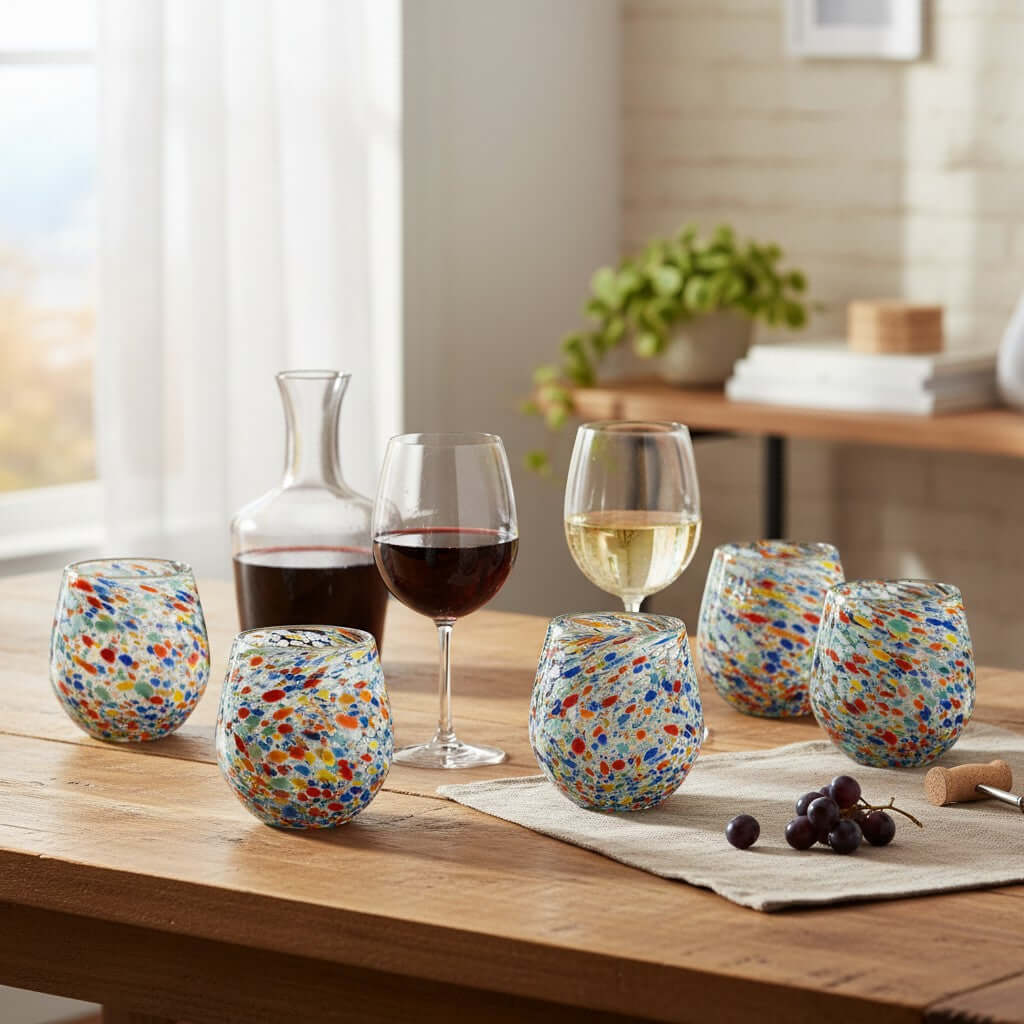 Handblown XL Stemless Wine Glass | Confetti Pebble Pattern