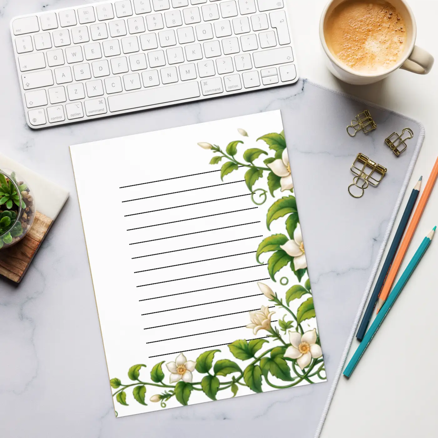 Floral Elegance Ruled Notepad - White Flowers Design - DipaliZ