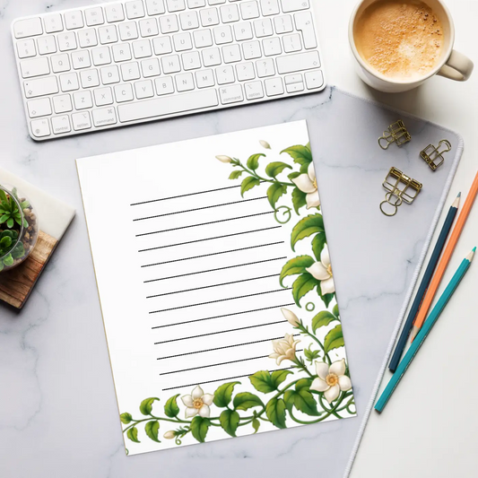 Floral Elegance Ruled Notepad - White Flowers Design - DipaliZ